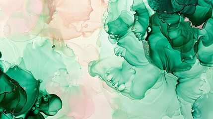 Lush emerald and pale pink alcohol ink painting, abstract with rich oil paint texture.