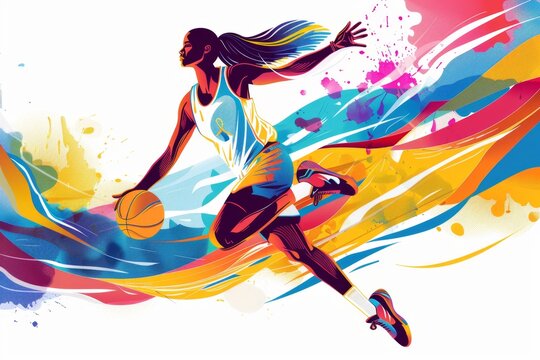 A dynamic female basketball player in midair with vibrant colors and simple shapes on a white background Generative AI