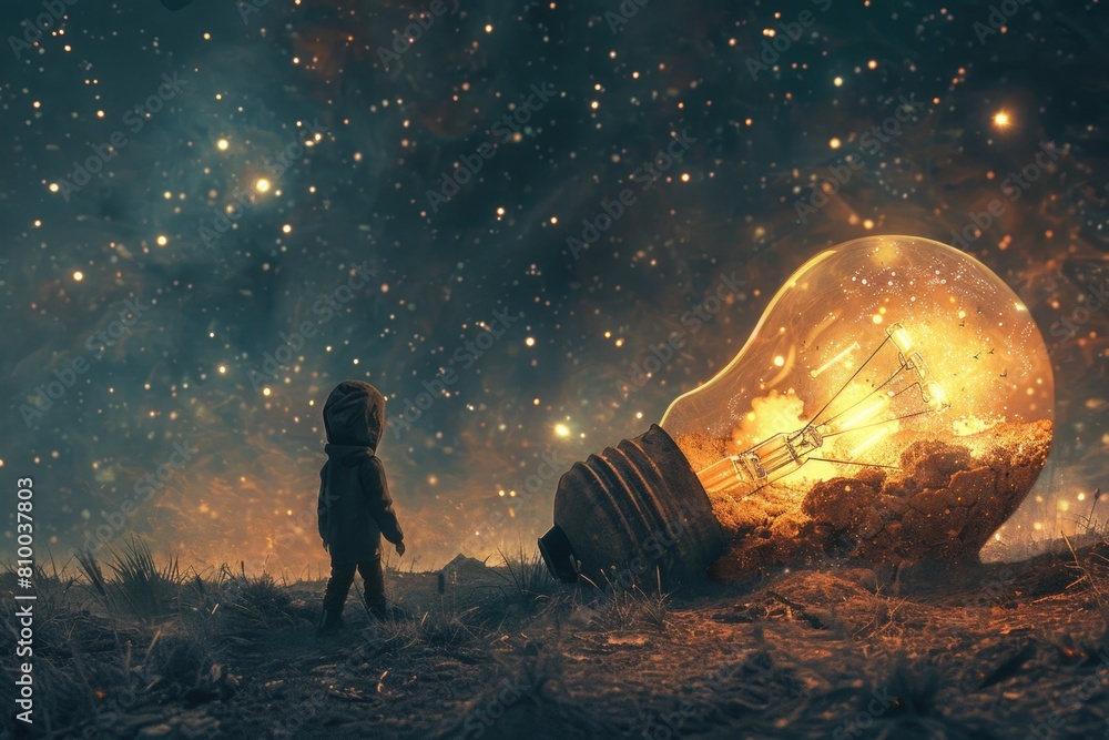 Poster A person standing in front of a glowing light bulb. Suitable for concepts of creativity and ideas