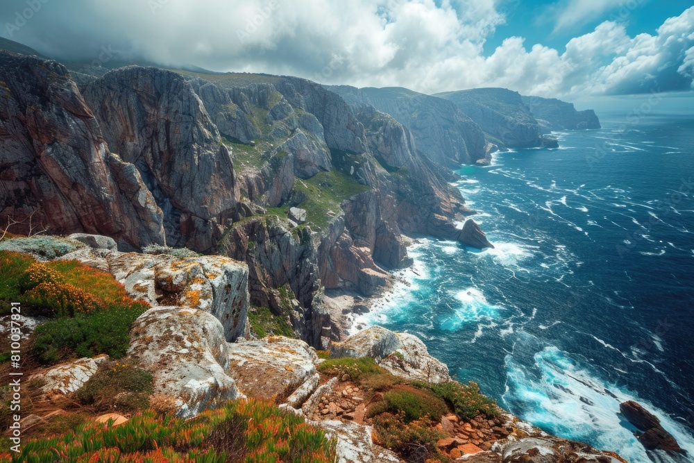 Poster a stunning view of the ocean from a cliff top. ideal for travel and nature concepts