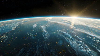 Fototapeta premium A panoramic view of the Earth's curve with a thin blue line of the ionosphere glowing at the edge, as seen from space