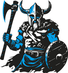 Fierce Viking Warrior with Axe and Shield, Blue and Black Vector Illustration