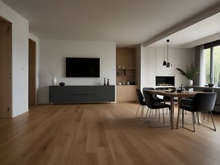 Rustic wooden bed against empty white wall. Scandinavian loft interior design of modern bedroom.