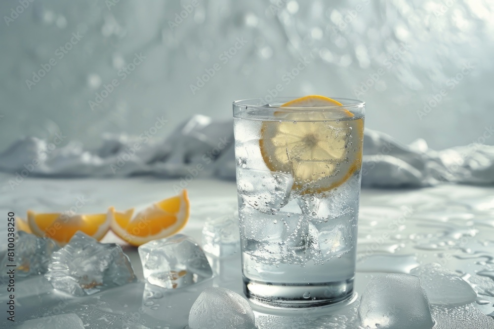 Poster a glass of water with ice and a slice of lemon. perfect for promoting hydration and freshness