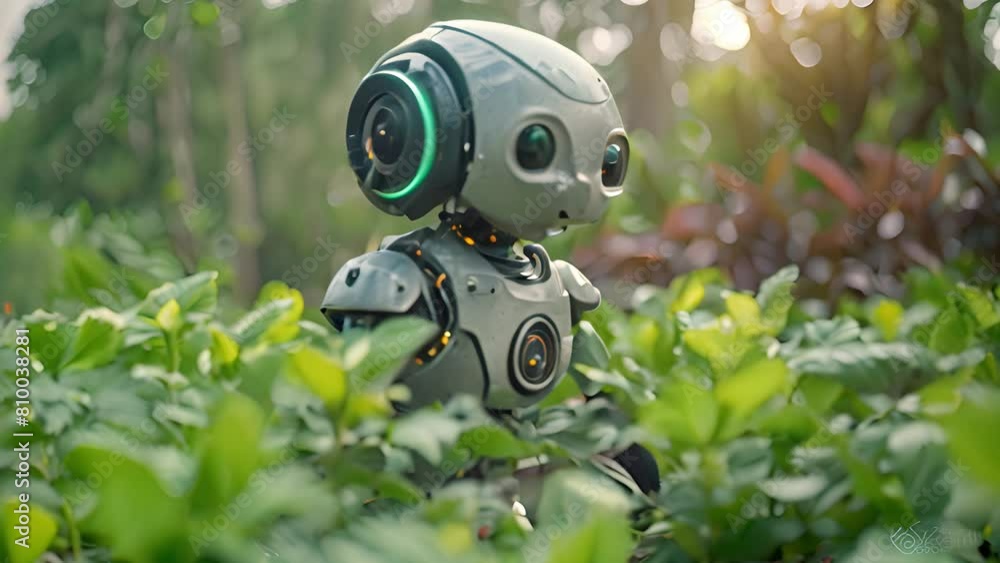 Aufkleber a robot is positioned amidst a range of plants in an open field, showcasing a juxtaposition of techn