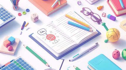 A white background with a study desk in the center. Various learning tools are placed on the desk, depicted in cartoon style.