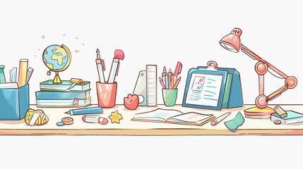 A white background with a study desk in the center. Various learning tools are placed on the desk, depicted in cartoon style.