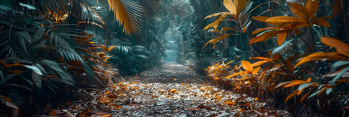 A pathway through a dense tropical forest, the ground covered with fallen leaves and the air filled with the sounds of wildlife