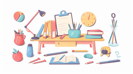 A white background with a study desk in the center. Various learning tools are placed on the desk, depicted in cartoon style.