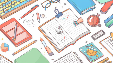 A white background with a study desk in the center. Various learning tools are placed on the desk, depicted in cartoon style.