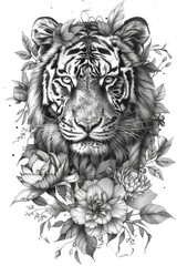 A drawing of a tiger with flowers