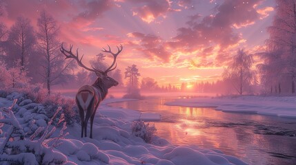 Majestic stag in a frosty sunrise landscape with soft pink skies and icy rivers setting a tranquil winter scene.