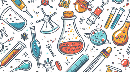 A white background with cartoon illustrations of scientific experiment equipment in the center.