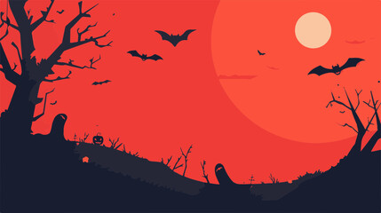 Haunted house on a hill with flying bats and a large moon on an red Halloween night	