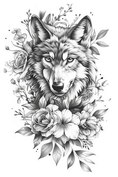 A drawing of a wolf with flowers