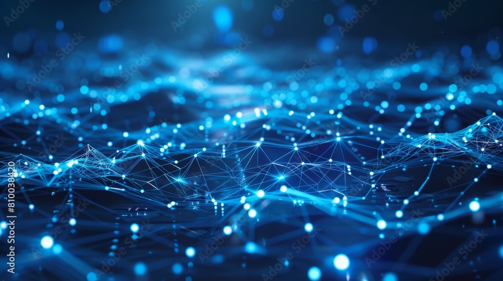 Poster digital visualization of a network with glowing nodes and connections on a dark blue backdrop