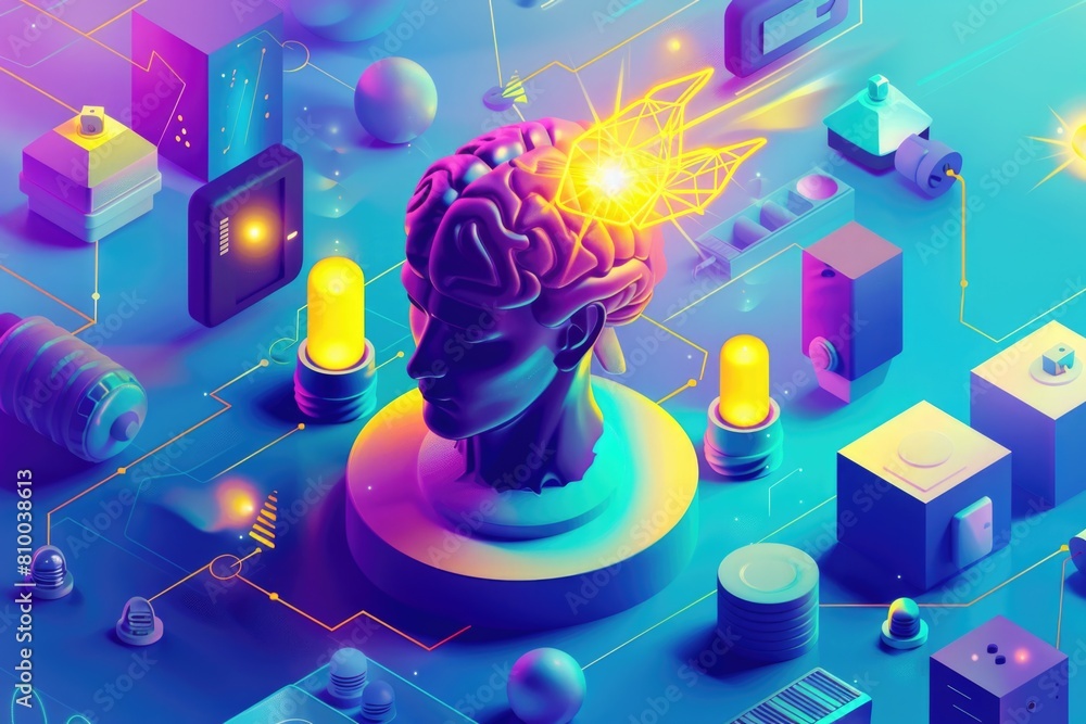 Aufkleber An image of a brain surrounded by various electronic devices. Suitable for technology concepts