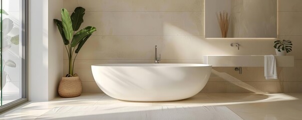 minimalist modern bathroom interior featuring a white sink with a silver faucet, a large mirror, and a brown vase on a tiled white wall a green plant adds a touch of