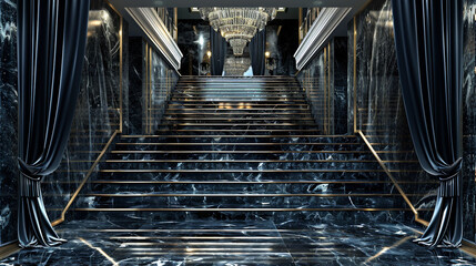 Luxurious entrance hall with a sleek black marble staircase and matching black velvet curtains crystal chandelier above in full ultra HD