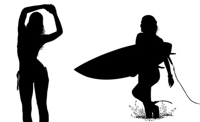 surfistas, contraluz, vector, tabla, surf, mar, atardecer, mujer surfista, silueta, tablista, ilustracion, arte surf, rosa, surfista en la playa, chica surf, mujer