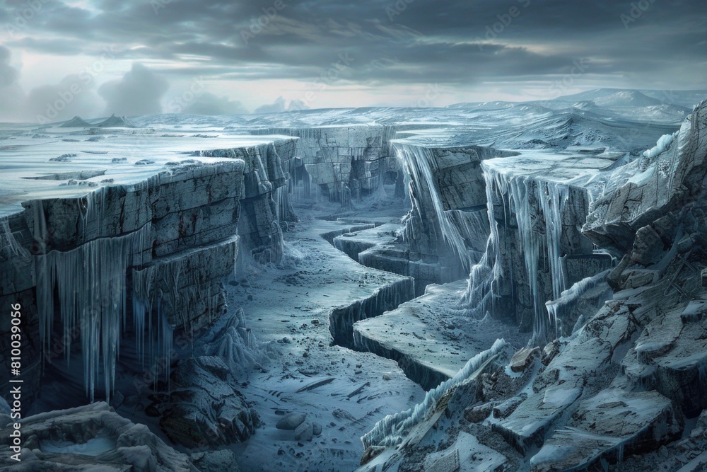 Poster a frozen cliff with a river running through it. suitable for winter landscapes