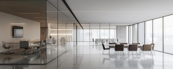 minimalist modern office interior with glass partitions featuring a variety of chairs in brown, black, and white, arranged on a shiny floor and white walls and ceiling