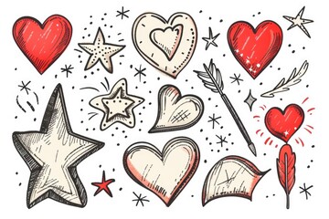 Collection of hand drawn hearts and stars, perfect for various design projects