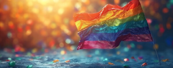 Pride Month advocacy campaign banner symbolizing diversity, inclusion, equality and empowerment. Vibrant glittery rainbow LGBTQ+ pride flag waves against a backdrop of festive, colorful bokeh lights