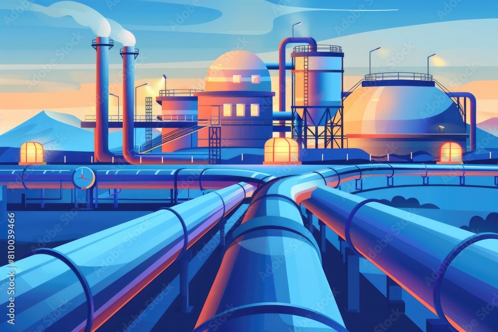 Poster An industrial factory with a network of pipes extending into the horizon. Suitable for industrial concepts and engineering projects