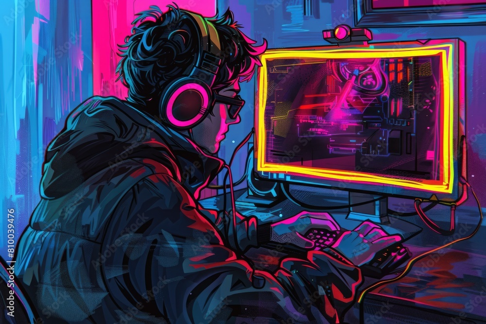 Poster a man sitting at a computer with headphones on. suitable for technology concepts