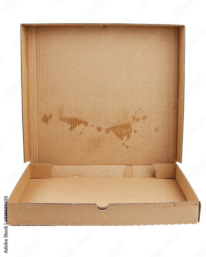 Poster empty greasy pizza box with open lid, isolated on white background - cardboard packaging container