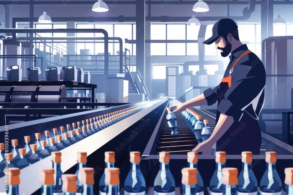 Poster a man working on a conveyor belt in a factory. ideal for industrial concepts