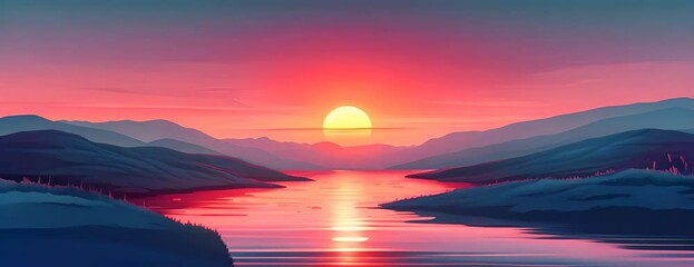 A dreamy sunset over a tranquil river, casting a warm, golden hue over the surrounding landscape. Digital art style vector flat minimalistic isolated illustration. 4K Video