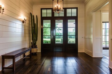 Foyer Entrance with Shiplap Wall, Bench, and Dark Door with Windows. Home Interior with Bamboo