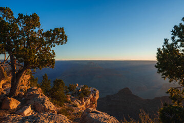 Serene canyon view at sunrise or sunset with rugged terrain, resilient trees, layers of cliffs, and...