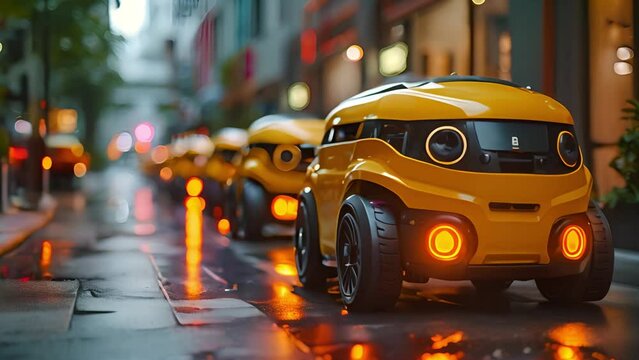 A fleet of yellow robotic couriers lined up along a city sidewalk after the rain.