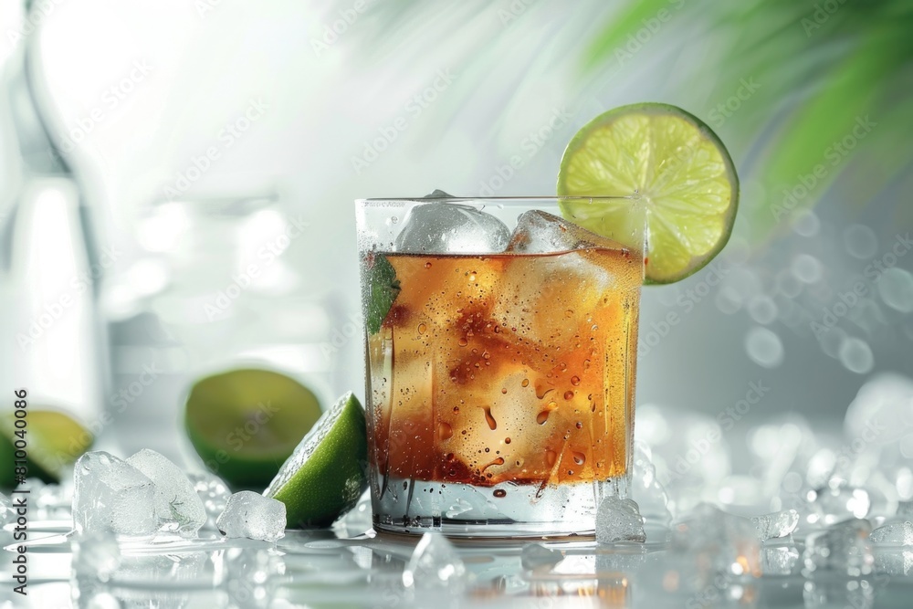Poster close up of a refreshing drink in a glass with ice and lime. perfect for beverage ads