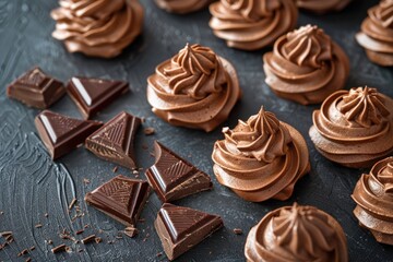 Delicious chocolate cupcakes with frosting on a table, perfect for bakery or dessert concepts