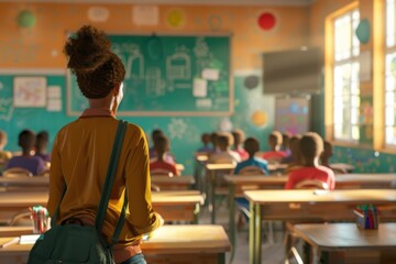 A woman standing in front of a classroom full of children. Suitable for educational concepts