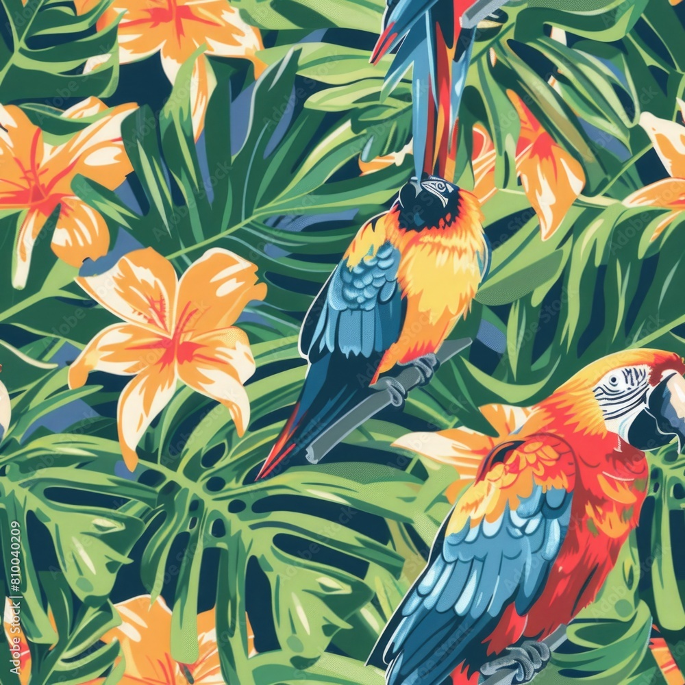 Poster two vibrant parrots perched on a tree branch. suitable for nature and wildlife themes