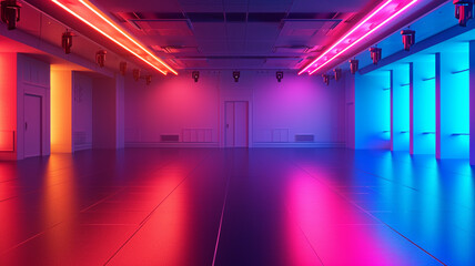 An empty dance studio with colorful and dynamic lighting