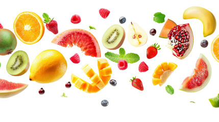 different fruits flying isolated on white background png transparent