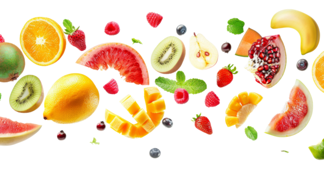 different fruits flying isolated on white background png transparent