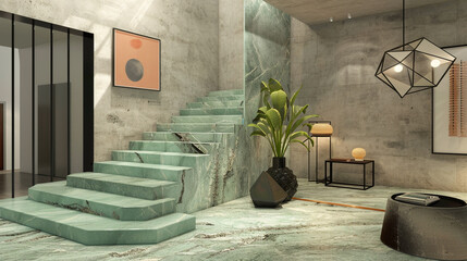 Modern entrance hall with a mint green marble staircase contemporary art and a geometric light fixture
