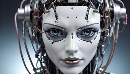 A futuristic robot or android face with intricate mechanical details, wires, and metallic components