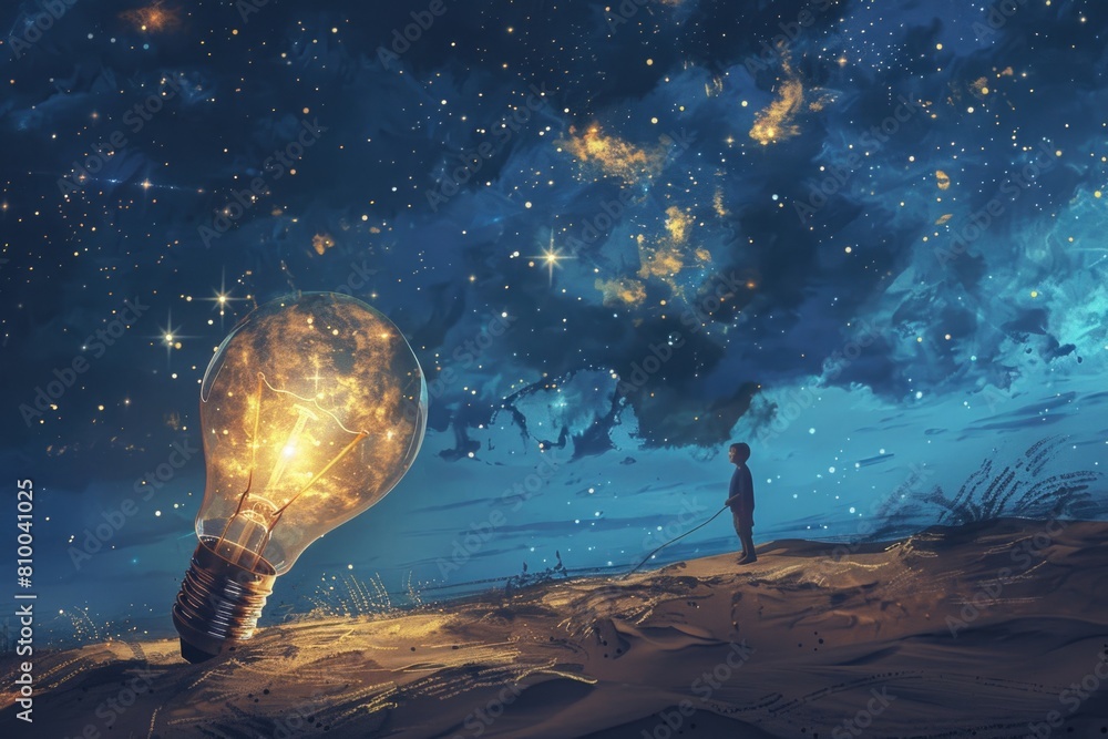 Poster a person standing on the sand with a light bulb. suitable for creative concepts and innovation ideas