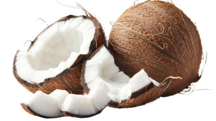 Delicious coconut, and coconuts cut out, on white background
