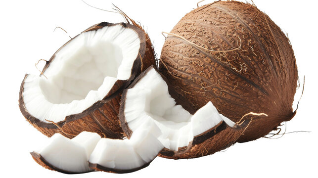 Delicious coconut, and coconuts cut out, on white background