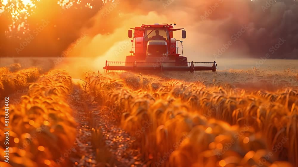 Poster a tractor is in motion, traversing a field of crops, leaving a trail behind.