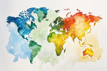 Watercolor map of the world on a white background, ideal for educational materials or travel websites